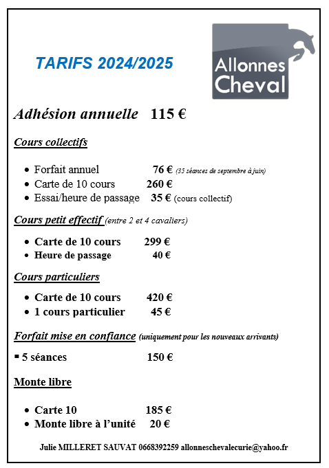 TARIFS COURS 2025